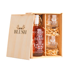 Load image into Gallery viewer, A Blush Gin gift set containing a 700ml bottle of Blush Gin and two gin drinking glasses, presented in a wooden craft gift box.