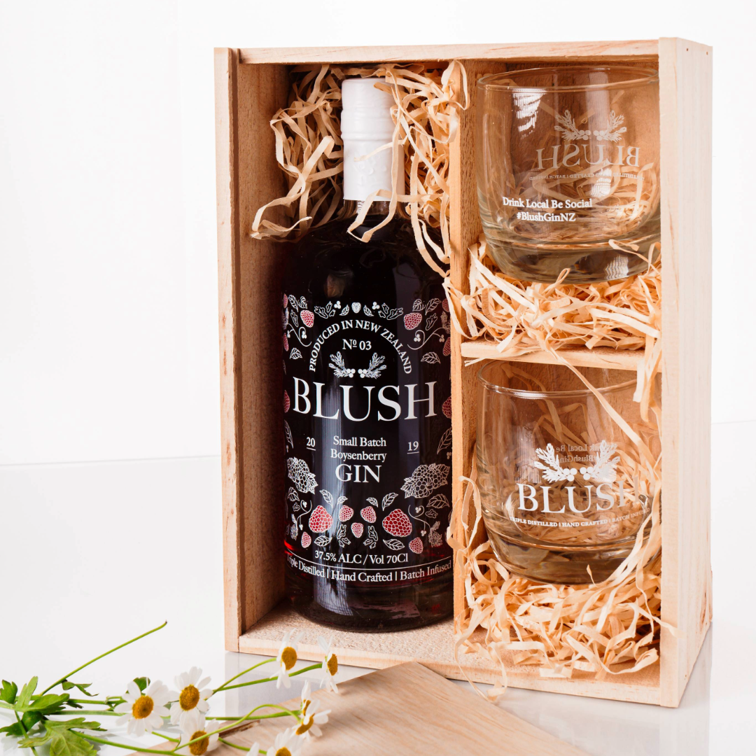 Blush Gin Gift Box featuring Small batch Boysenberry Gin and 2 branded Blush Gin Glasses