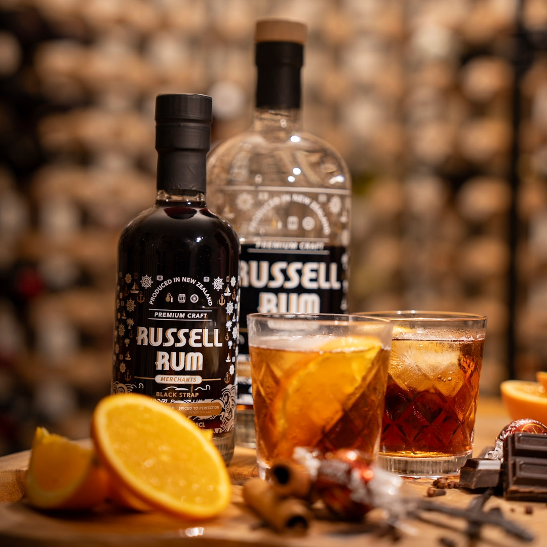 Russell Black Strap Rum with drinks