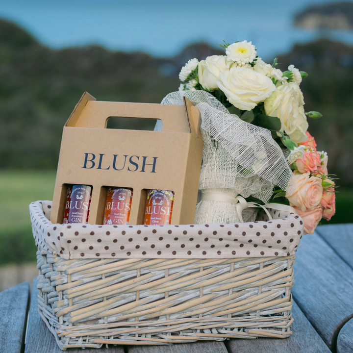 Blush Pink Gin Trio Gin Gift Pack in Basket Valentine&